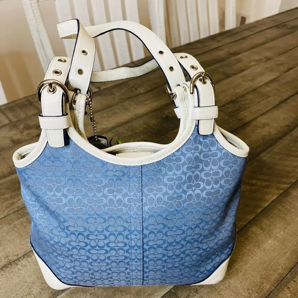 Coach Blue Canvas White Leather Trim Double Handles Shoulder Bag - Picture 5 of 10